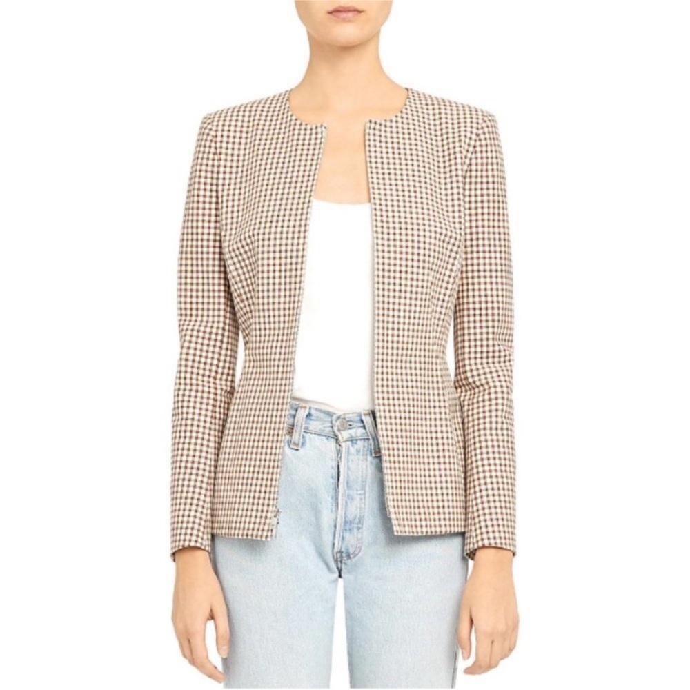 Theory Sculpture Jacket Ivory Multi Grid Check Blazer Size 8 NWT Stretch Cotton